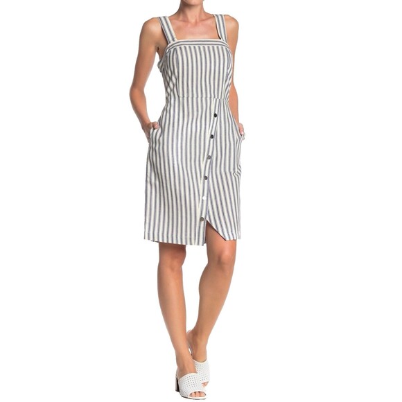 Sharagano Asymmetrical Button Striped Dress Blue Ivory Womens 10 Preppy Ret $119 - Picture 1 of 13